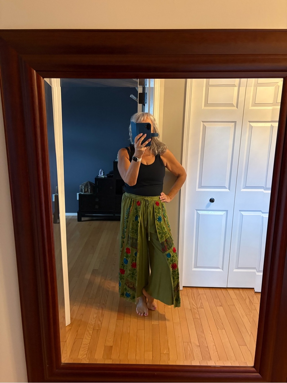 Olive Green Wide-Leg Embroidered Women's Pants - Picture 11 of 11